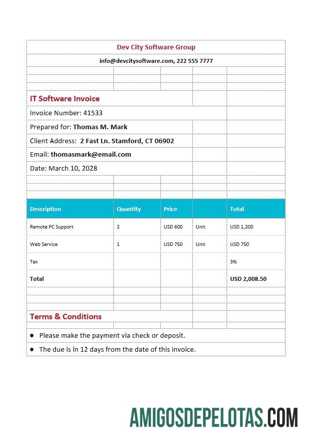 em branco Modelo de fatura de software de TI